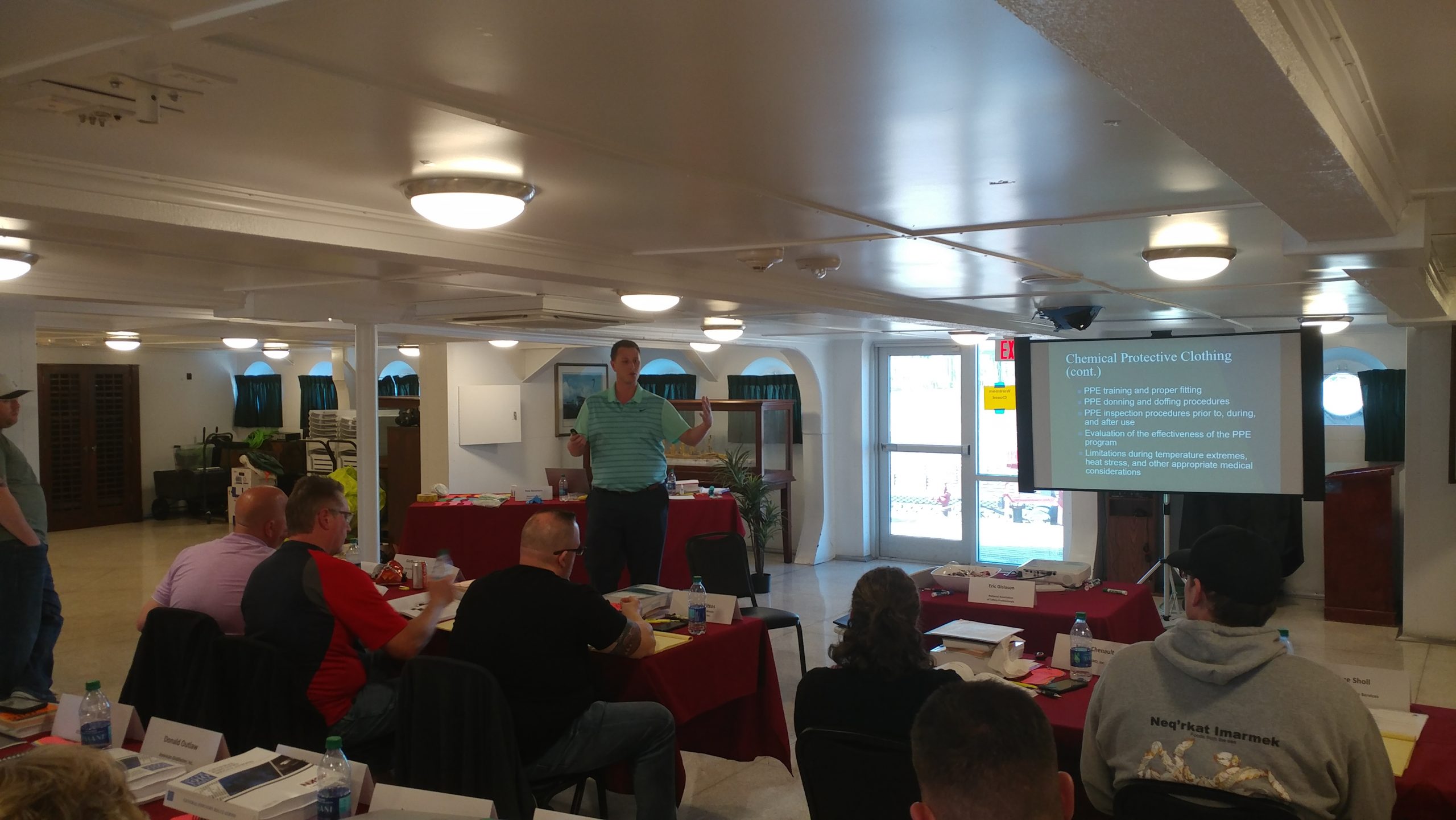 Pete Nemmers, Safety Trainer for NASP, training on PPE during our HAZWOPER Train the Trainer Course on the Battleship USS North Carolina.