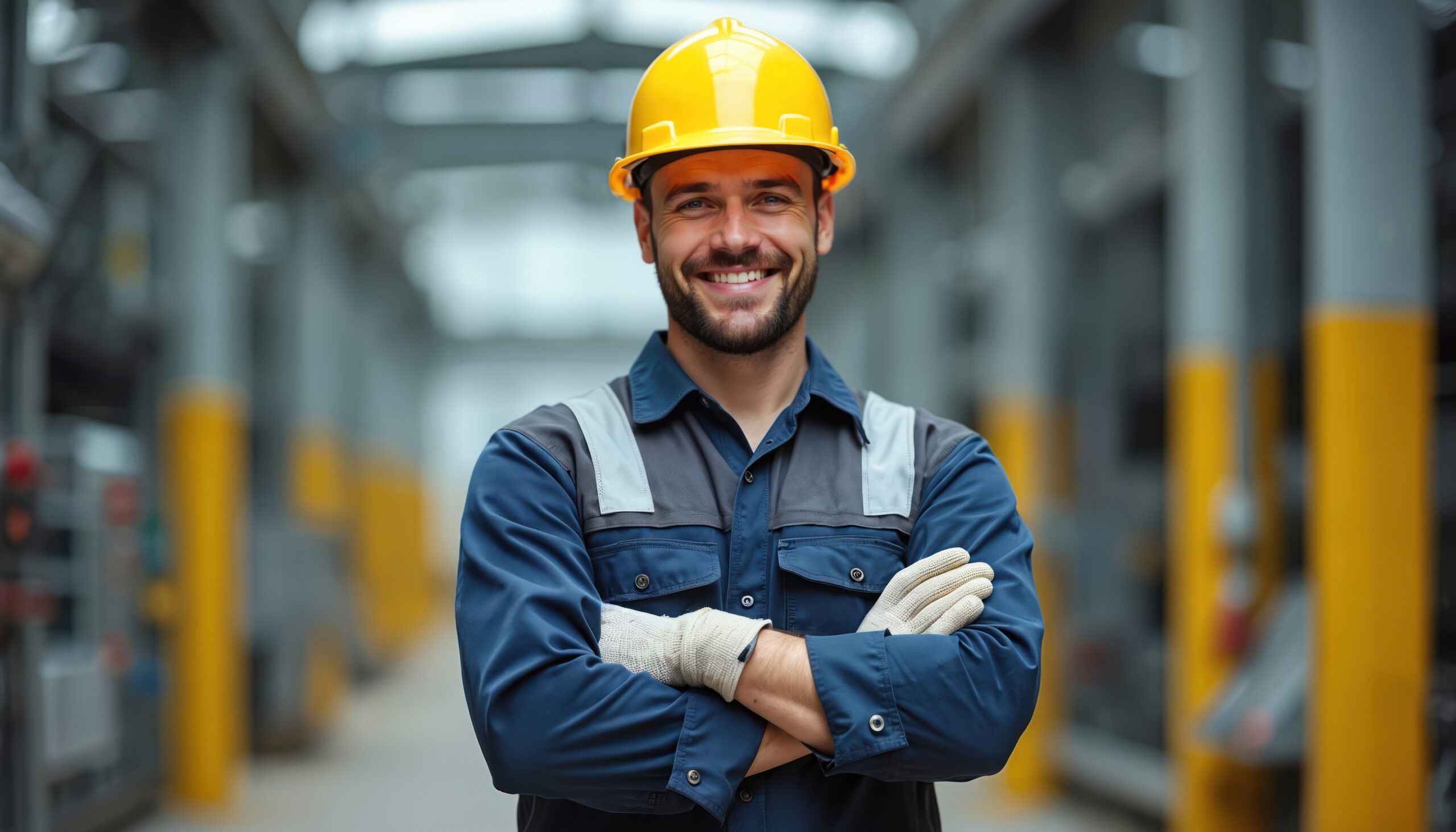 Smiling electrician in work uniform with arms crossed at industrial facility. Man wears safety helmet gloves. Portrait of professional worker at power plant, substation. Electrical engineer energy