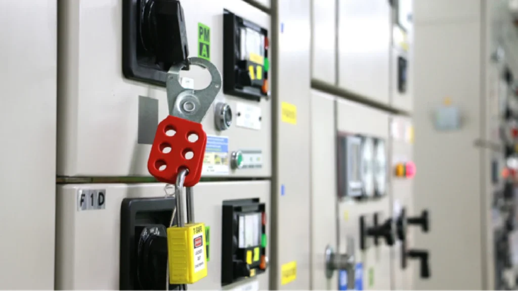 Red lockout-tagout device secured on electrical panel switches in an industrial control room.