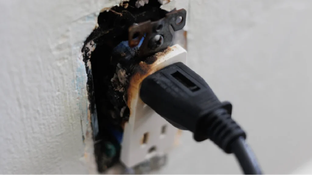 Burned and charred electrical outlet with a plug still inserted, showing fire damage.