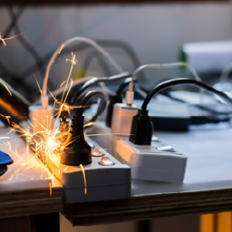 Overloaded power strips sparking on a desk surrounded by tangled cables.